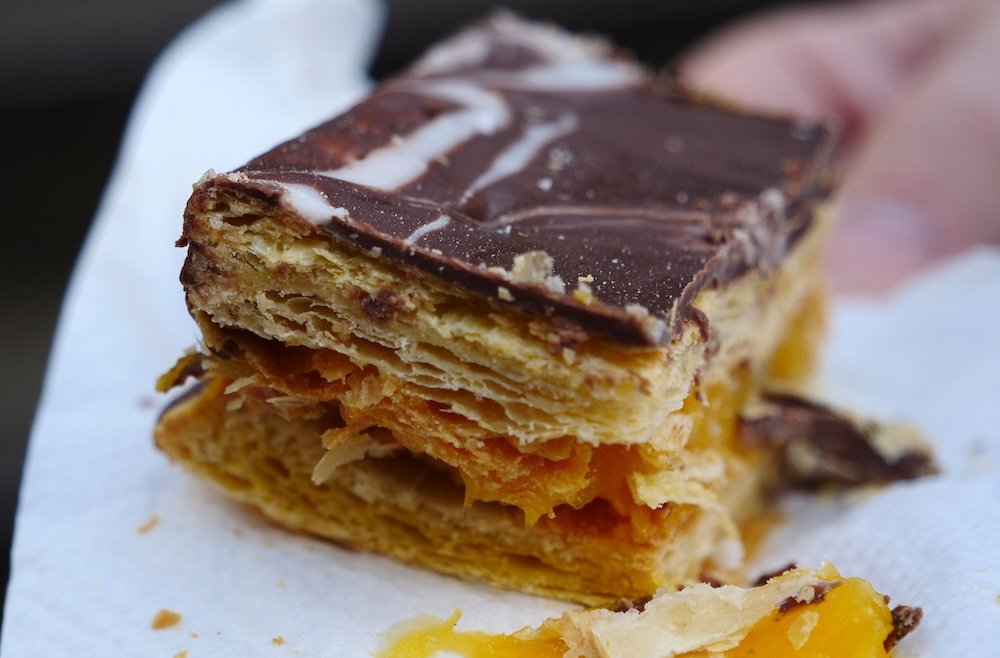 Layered Portuguese pastry macro details in Porto, Portugal 