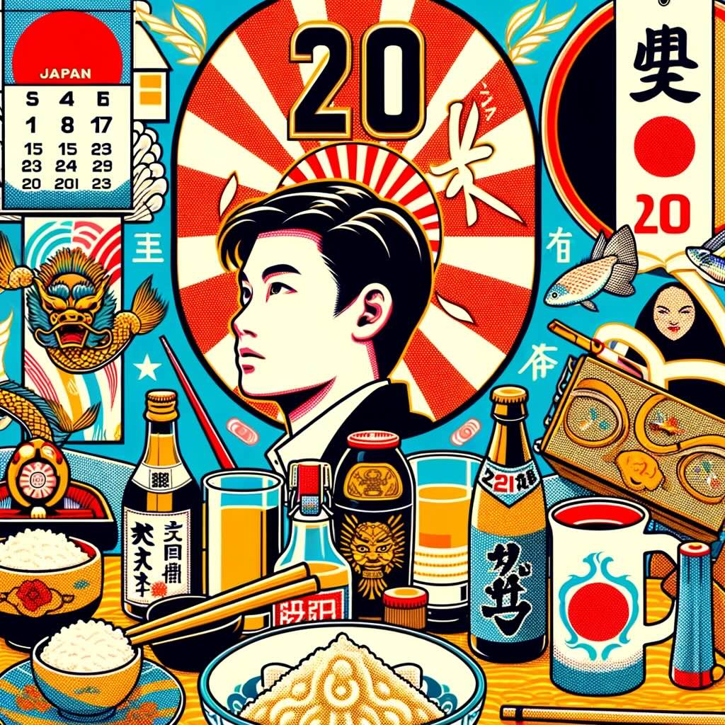 legal drinking age in Japan and its cultural significance depicts the age of 20 as a milestone for legal alcohol consumption, aligning with the cultural event of Seijin no Hi (Coming of Age Day) includes symbolic elements like a calendar marking the 20th year, traditional Japanese alcoholic beverages like sake and whisky, and cultural icons representing adulthood and responsibility. It also subtly compares Japan’s drinking age with other countries, highlighting the unique blend of tradition and law in Japan capturing the importance of this age limit in Japan's cultural context