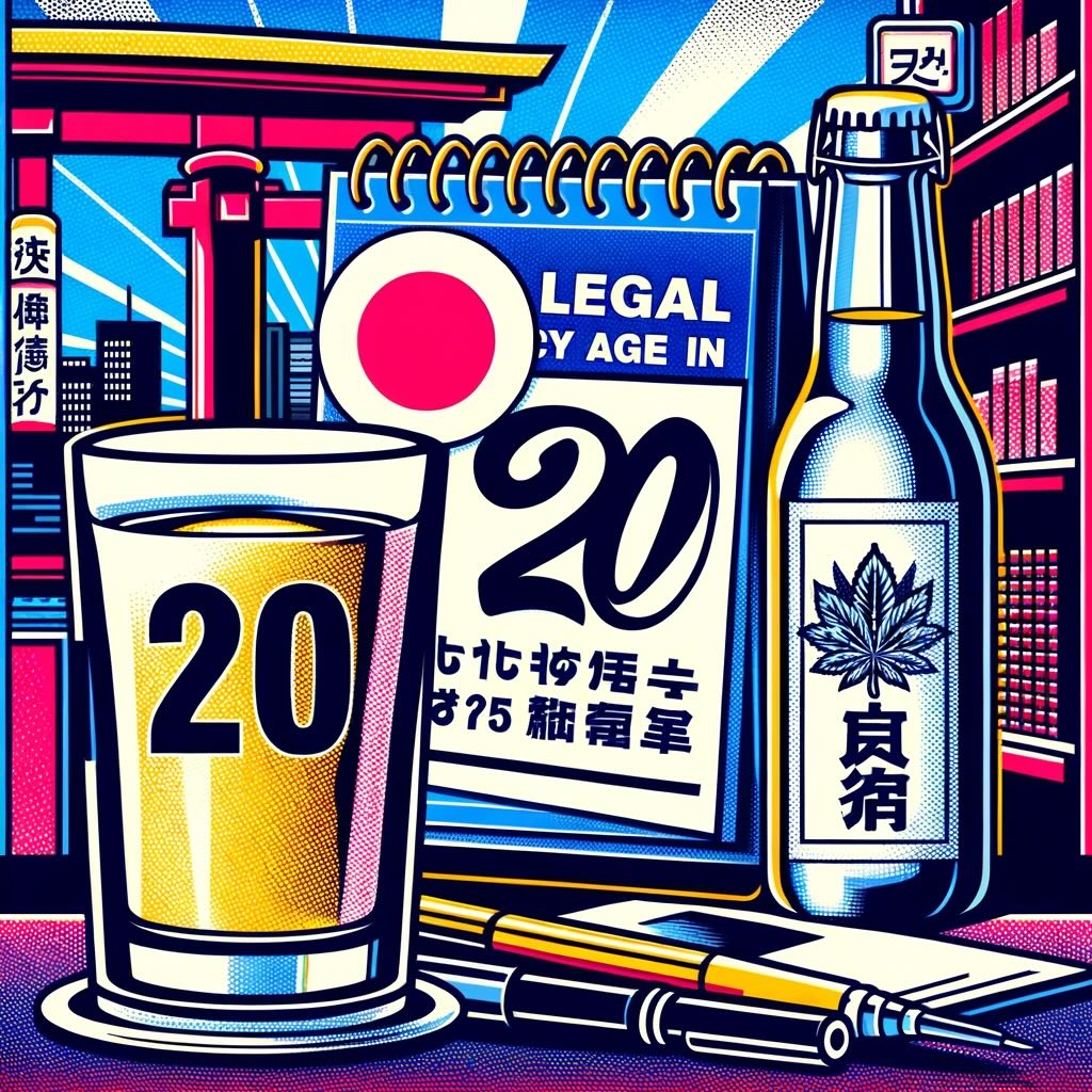 Legal drinking age in Japan, focusing on age restrictions and the law. It depicts the concept of the legal drinking age of 20 years in Japan, emphasizing the importance of adhering to this law shows symbolic representations or visual cues that signify the age restriction, such as a calendar marking the 20th birthday, a sign with '20' at a bar entrance, or a legal document icon with '20'. The image conveys the seriousness of age restrictions in Japan in a visually engaging way, highlighting the cultural and legal significance of adhering to the drinking age limit.