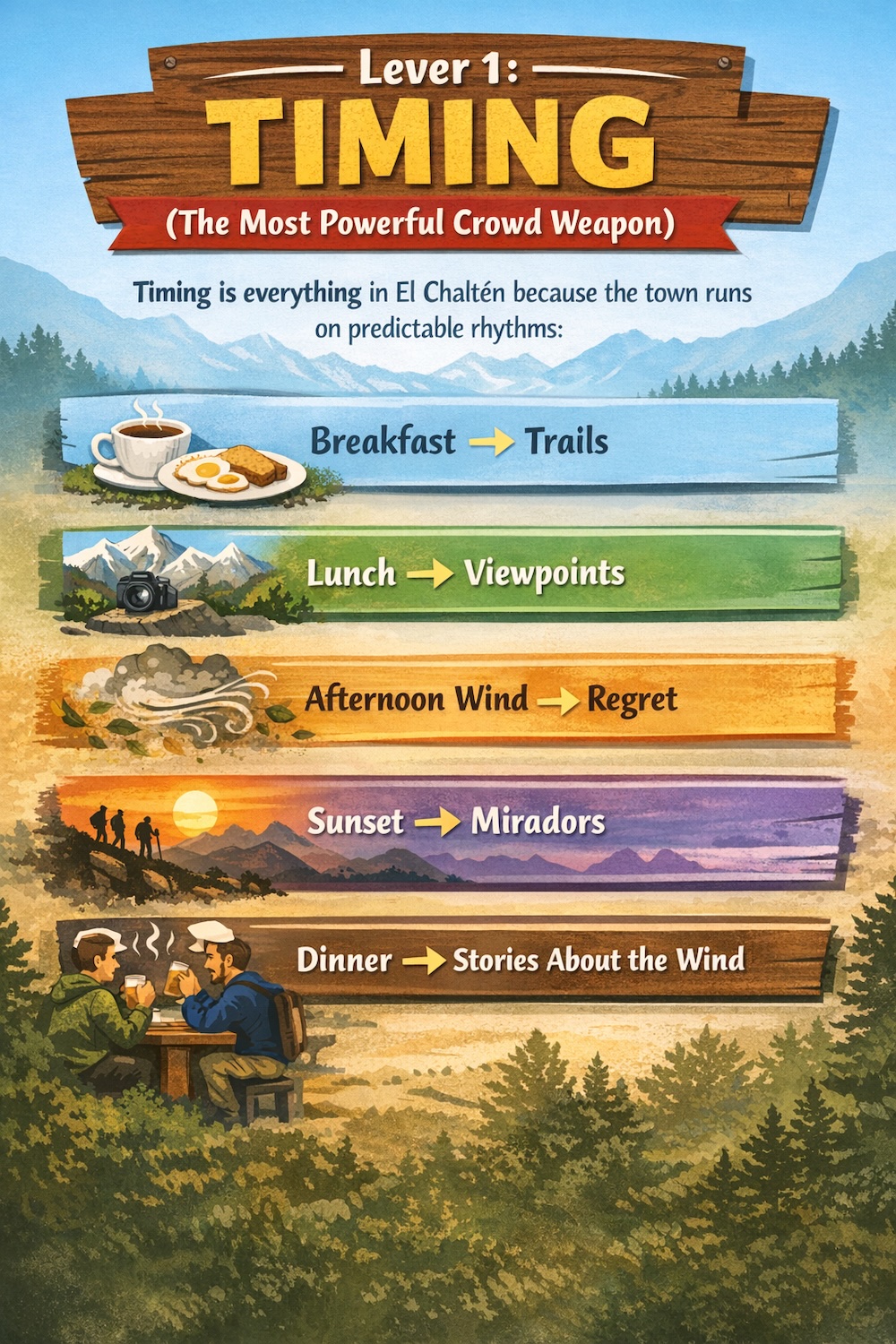 Infographic titled “Lever 1: Timing (The Most Powerful Crowd Weapon)” illustrating how El Chaltén hikers can outsmart crowds by following the town’s daily rhythm—from breakfast leading to trail starts, lunch at viewpoints, and ending with dinner stories about the Patagonian wind.