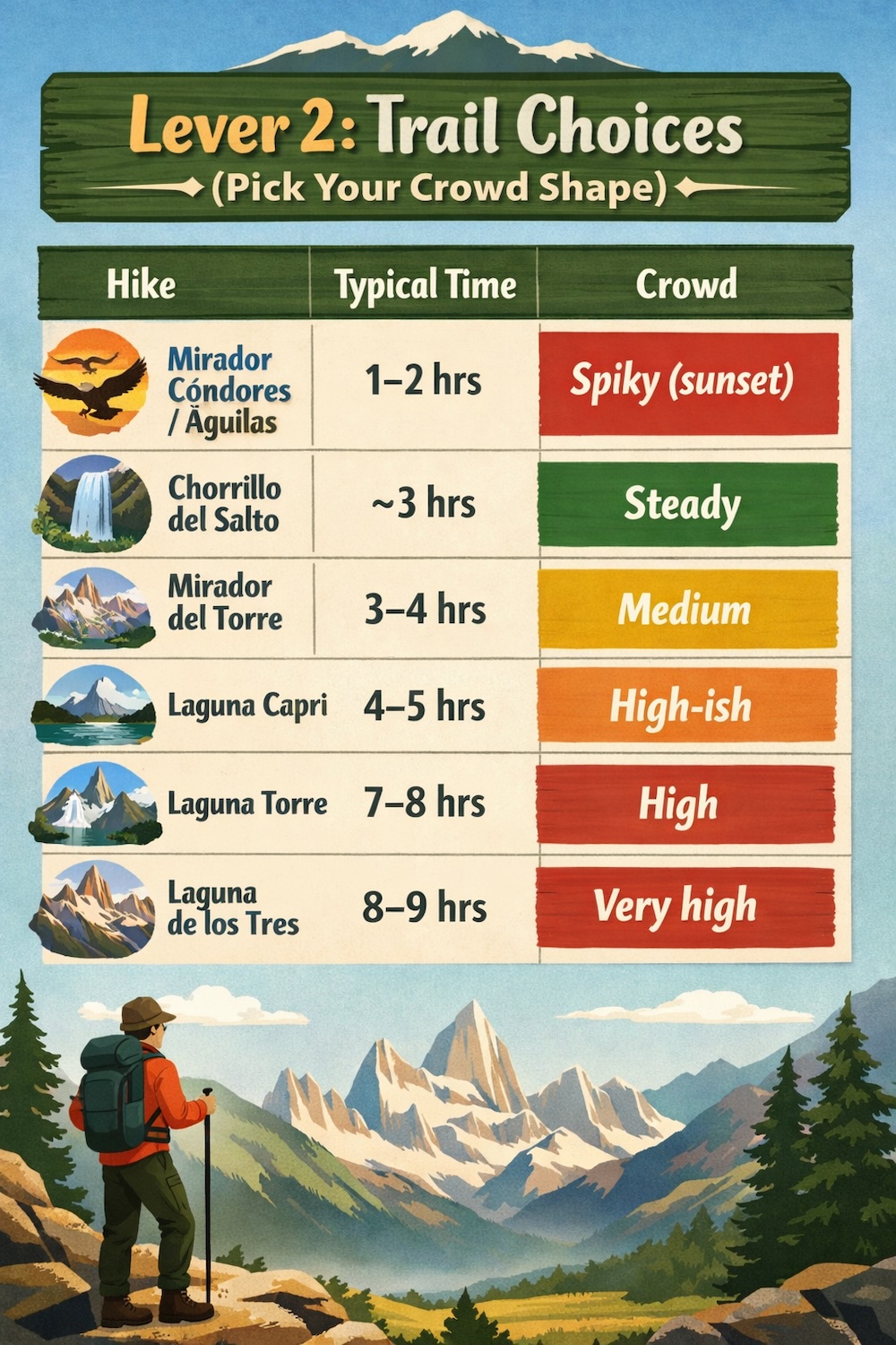 Infographic titled “Lever 2: Trail Choices (Pick Your Crowd Shape)” comparing six El Chaltén hikes by typical time and crowd level, from short scenic routes like Mirador Cóndores and Chorrillo del Salto to full-day treks Laguna Torre and Laguna de los Tres with high foot traffic.