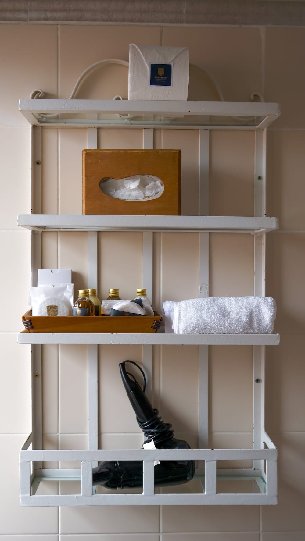 Bustillo Wing Bathroom Amenity Shelf, Llao Llao Hotel, Bariloche, Río Negro, Patagonia A tiered bathroom shelf at Llao Llao Hotel holding branded toilet paper, a tissue box, a toiletries tray, a folded towel, and a hairdryer in the Bustillo Wing, Bariloche, Río Negro, Argentine Patagonia.