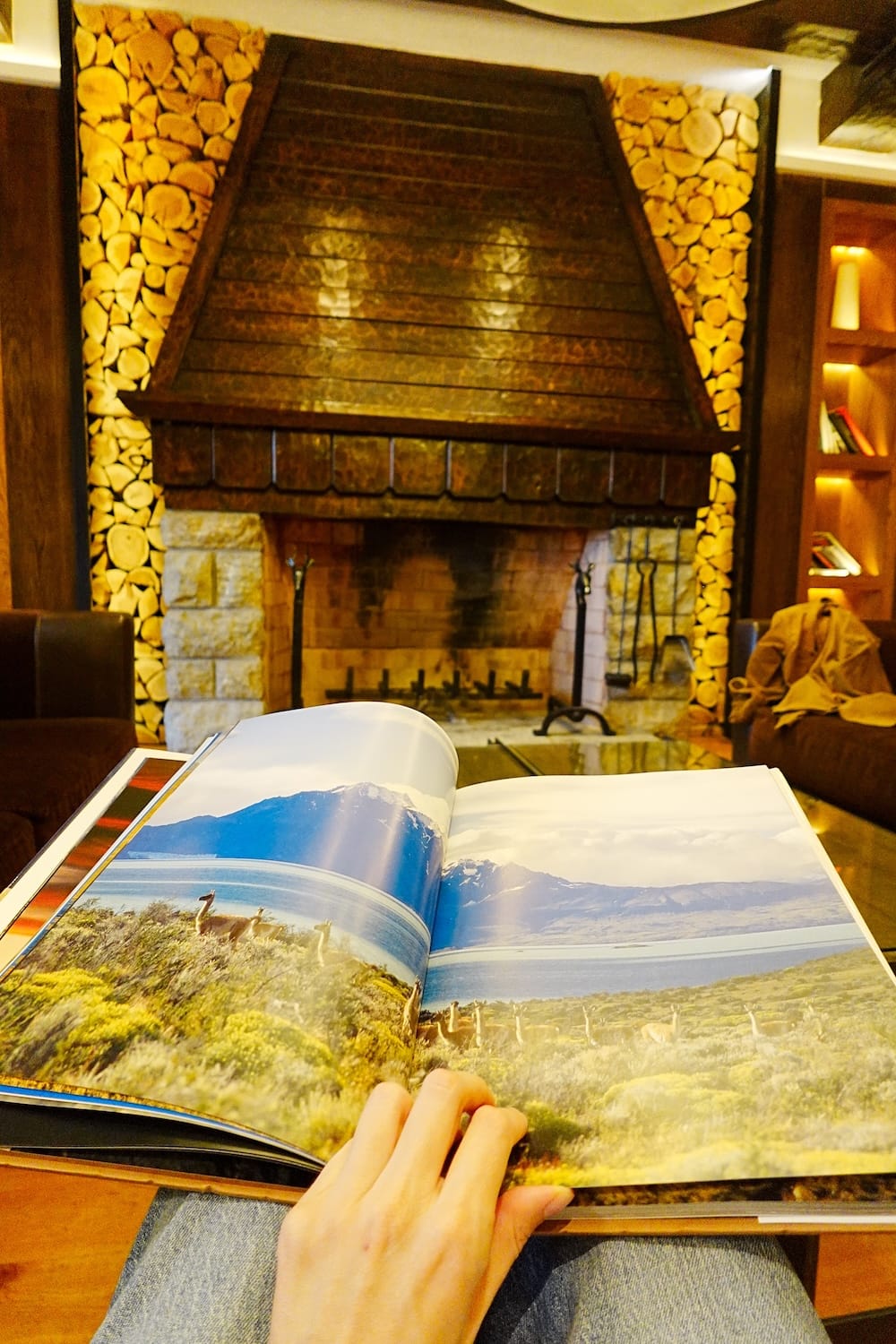 A hand holds open a photography book of Patagonian wildlife in front of a stone-and-timber fireplace with stacked firewood inside the Llao Llao Hotel reading room, San Carlos de Bariloche, Rio Negro, Argentine Patagonia.
