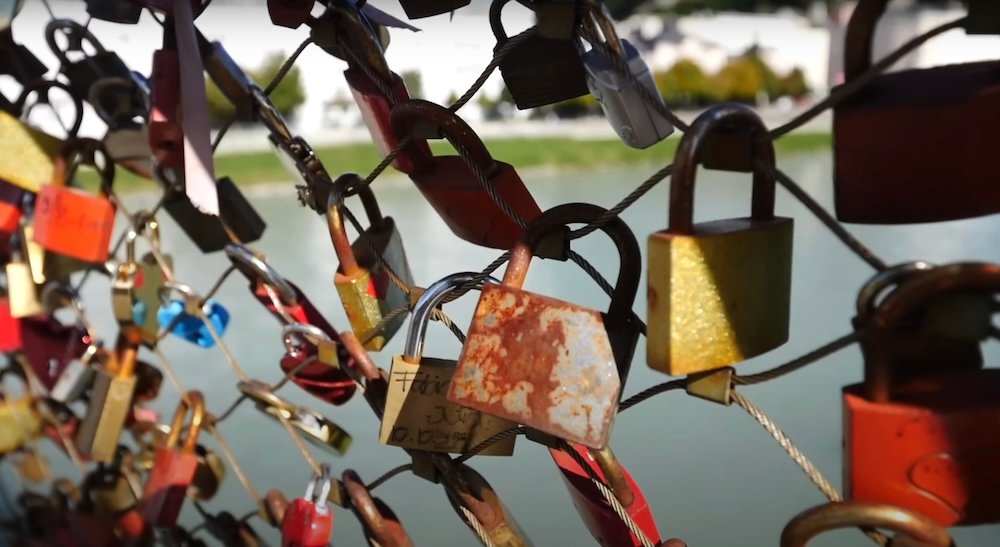 love locks macro shot on the bridge crossing the Salzach River in Salzburg, Austria