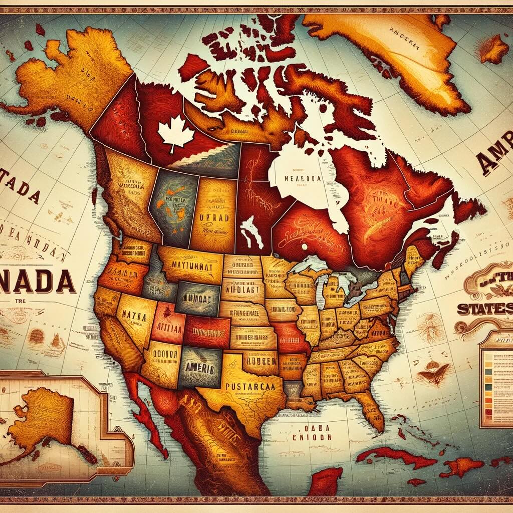 Map of Canada and the United States of America, depicted in an old-school, super vintage style with a retro fade in shades of yellow, brown, and gold.