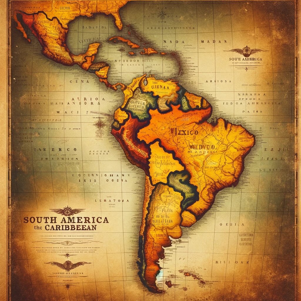 Map of Central America, The Caribbean, and South America, designed in an old-school, super vintage style with a retro fade in shades of yellow, brown, and gold.