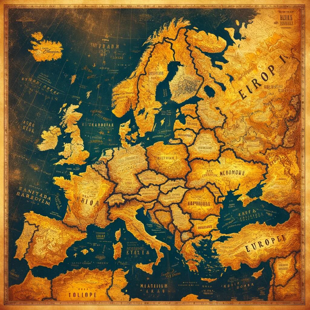 Map of Europe, crafted in an old-school, super vintage style with a retro fade in shades of yellow, brown, and gold