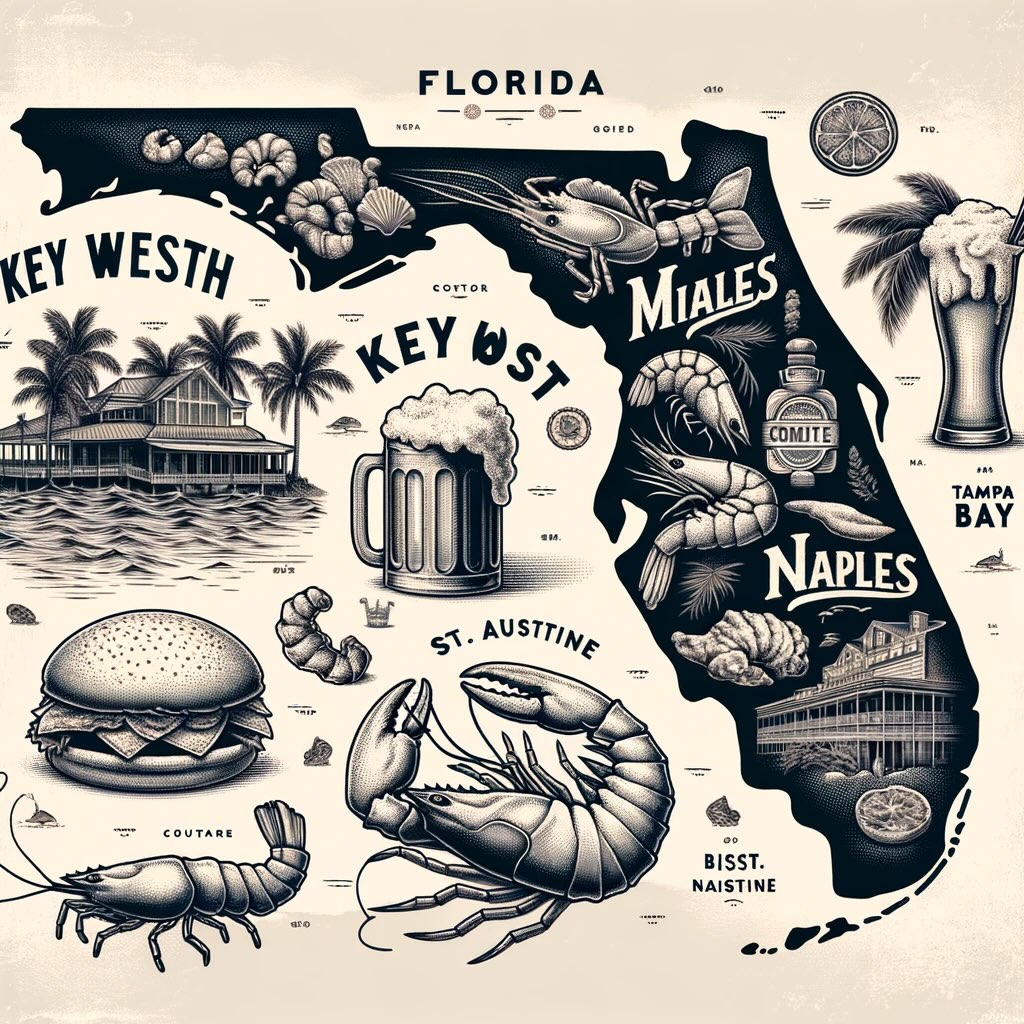 Map of Florida, artfully highlighting the state's key culinary destinations. Each city's food culture is represented with iconic symbols, inviting you on a vintage-inspired culinary journey through the Sunshine State.
