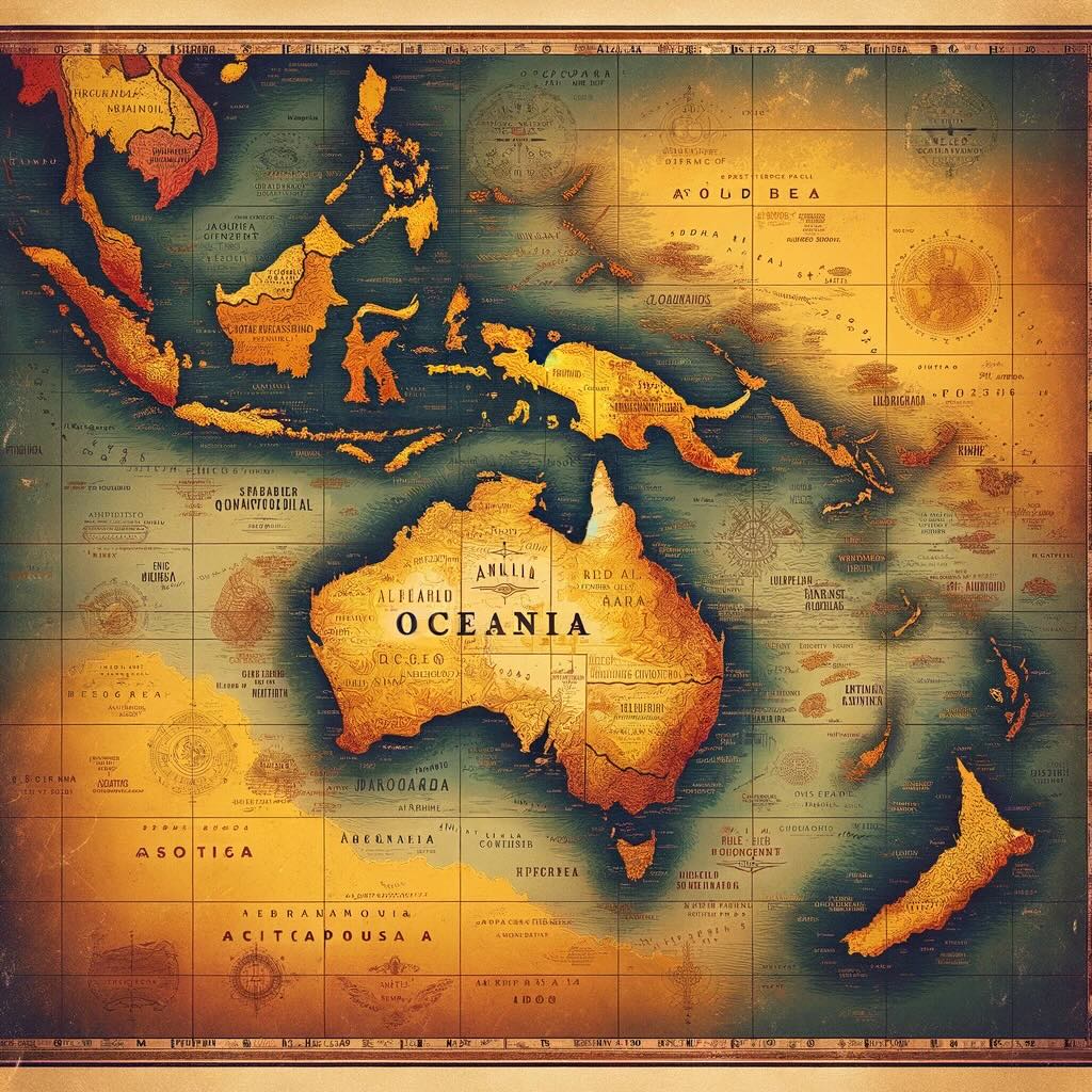 Map of Oceania, showcased in an old-school, super vintage style with a retro fade in shades of yellow, brown, and gold.