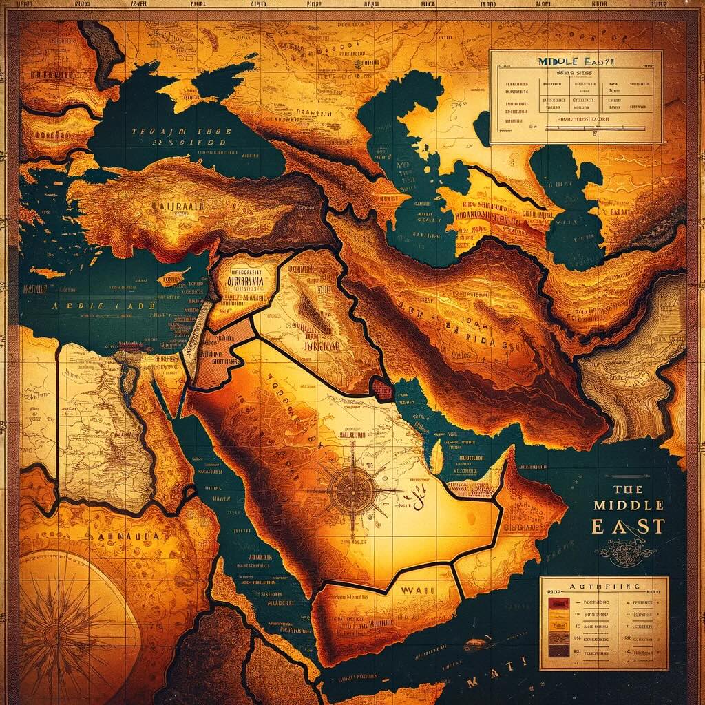 Map of The Middle East, designed in an old-school, super vintage style with a retro fade in shades of yellow, brown, and gold