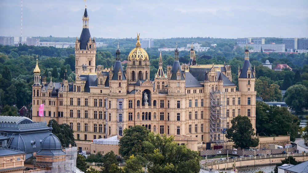 Marvel at Schwerin Castle Schloss Schwerin from a high distant vantage point in Germany 