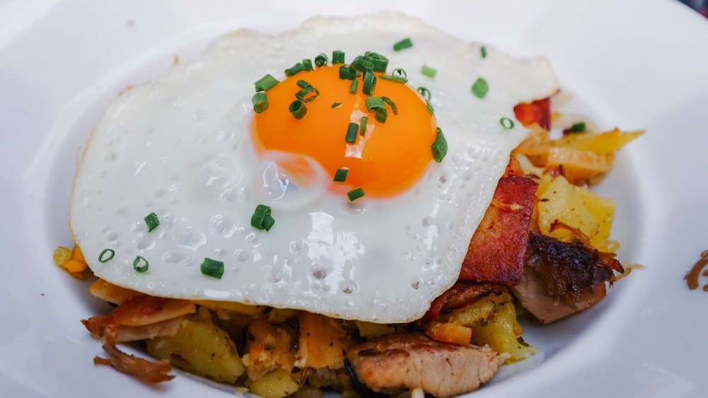 Meat, egg and potato dish in Salzburg, Austria 