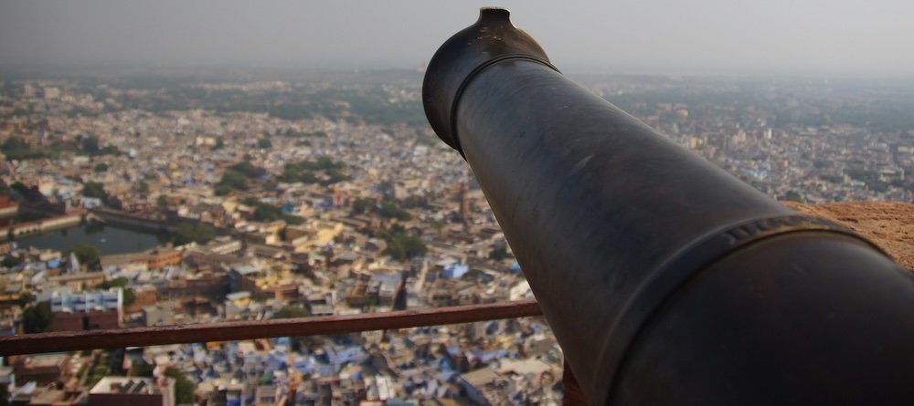 Mehrangarh Fort cannon views pointing out over the city of Jodhpur, India