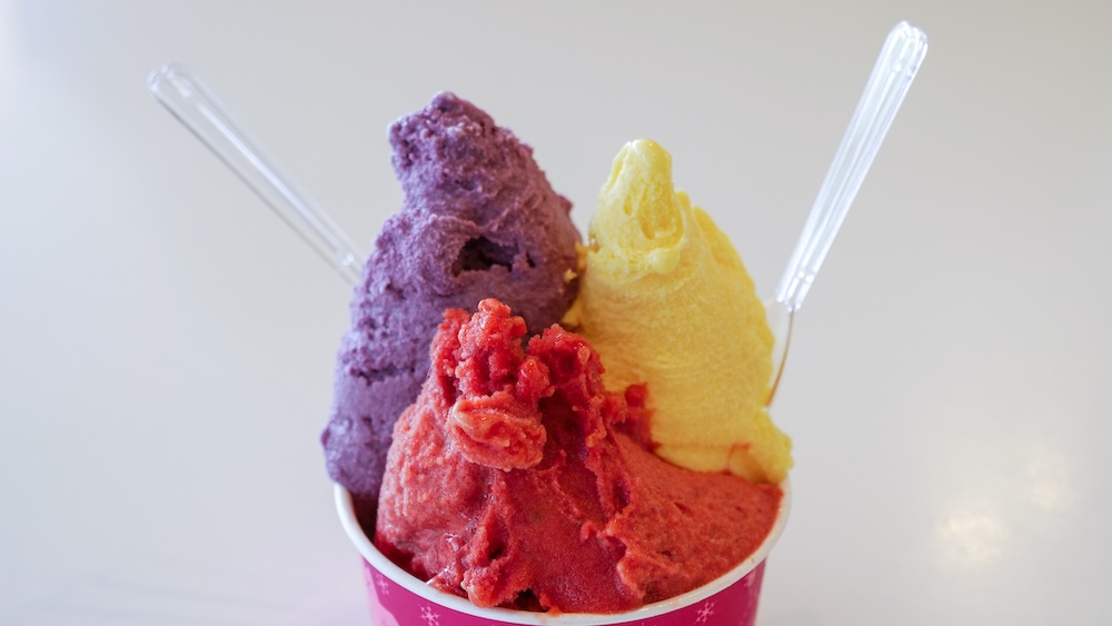Primer plano de tres bochas de gelato de Milkissimo en un vasito de papel rosa en Goryokaku Tower en Hakodate, Hokkaido, Japón, con sabores de batata morada, calabaza amarilla y frutos rojos junto a dos cucharitas de plástico transparente.