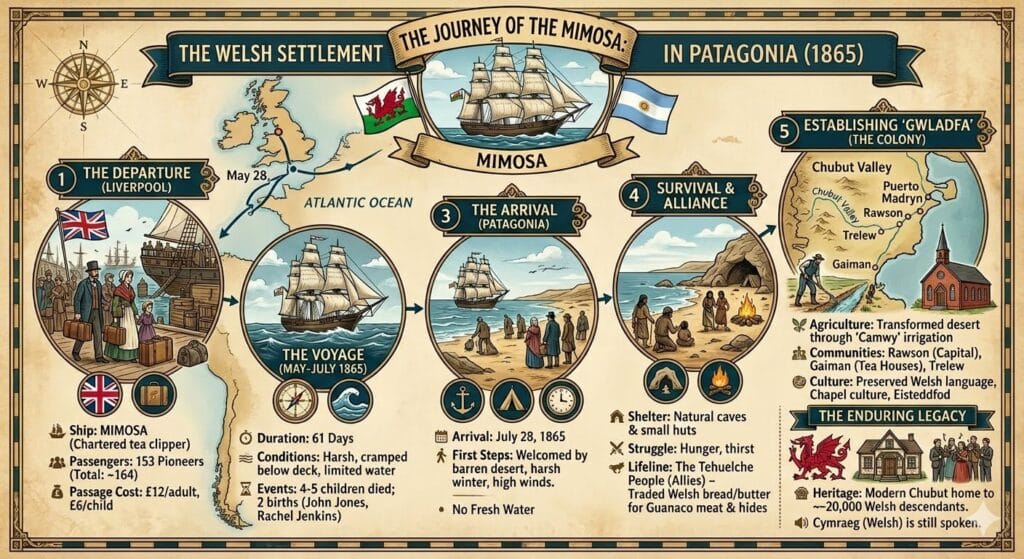Mimosa journey infographic Welsh settlers Patagonia 1865 Liverpool to Puerto Madryn Chubut Valley map Infographic showing the journey of the Mimosa from Liverpool to Patagonia in 1865, detailing Welsh settlers departure, 61 day Atlantic voyage, arrival at Puerto Madryn, survival with Tehuelche alliance, and settlement across Chubut Valley Argentina
