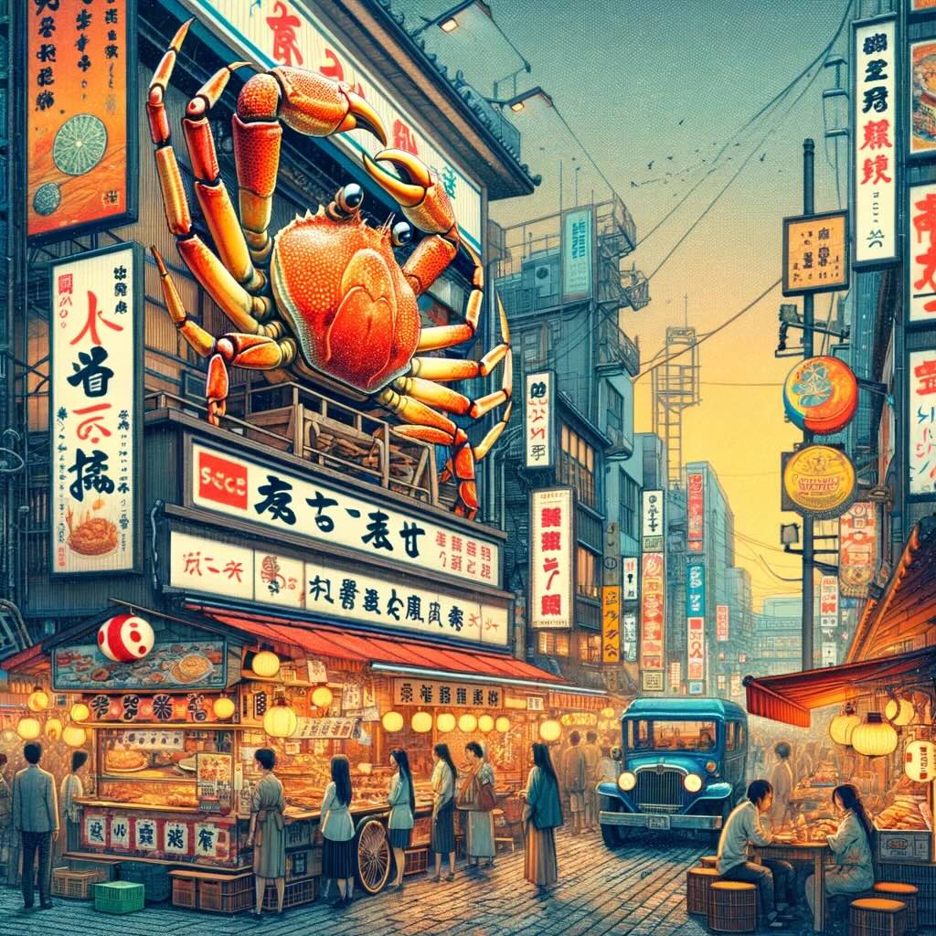 Modern evolution of Osaka's street food scene, particularly the lively and colorful themed streets like Dotonbori