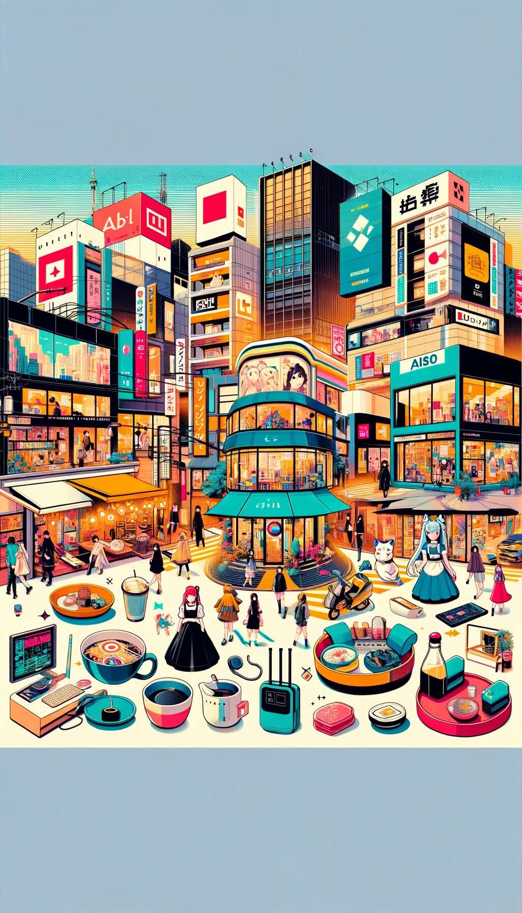Modern shopping trends and popular districts in Japan vividly portrays the eclectic street fashion of Harajuku, the luxury boutiques of Ginza, Shibuya's trendy shops, Akihabara's 'Electric Town' with electronics and anime culture, unique themed cafes, and the minimalist home and lifestyle stores like MUJI, Daiso, and Nitori. The image highlights the diversity, vibrancy, and creativity of modern shopping in Japan