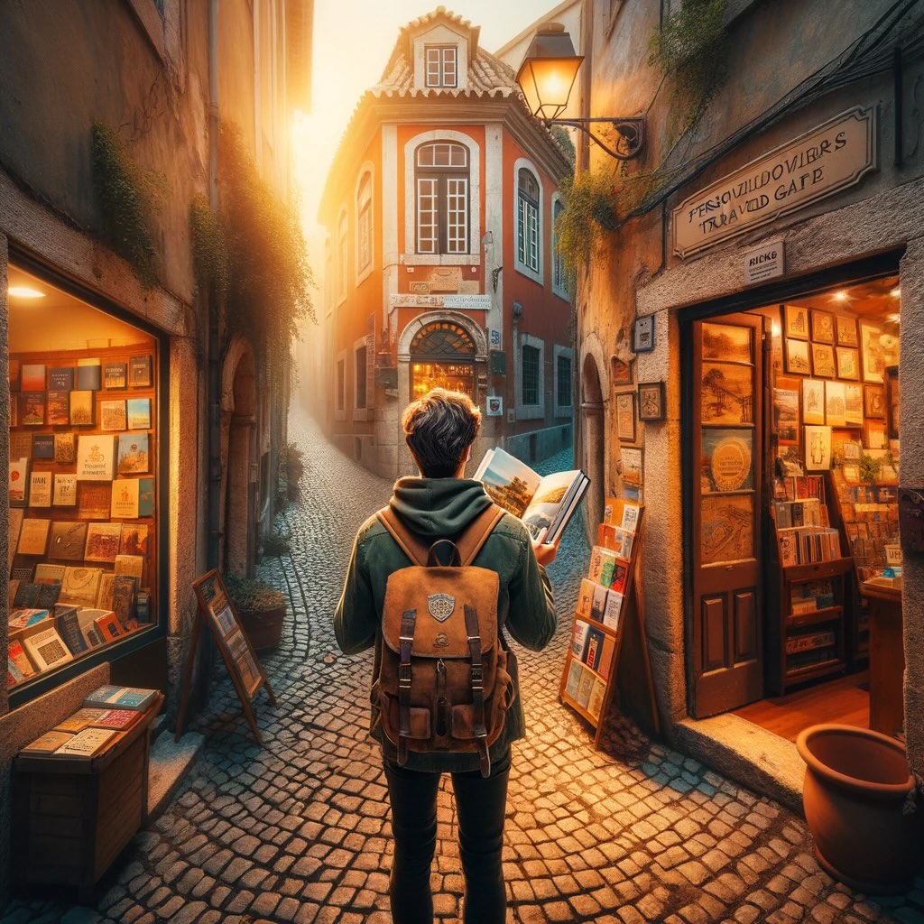 Moment of discovery through personalized recommendations. It illustrates a traveler finding a quaint bookstore in a cobblestone alley, a hidden gem that offers an intimate and authentic experience.