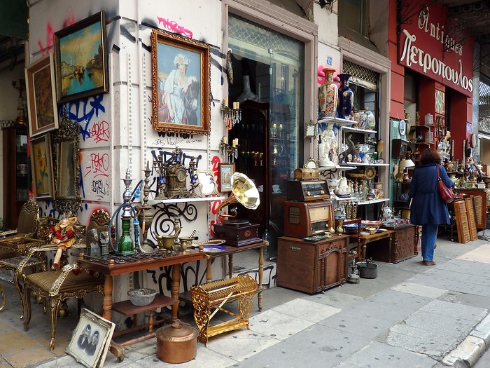 Monastiraki Flea Market vintage shops with souvenirs and trinkets in Athens, Greece