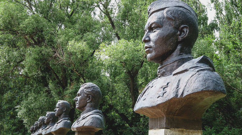 Monument busts at Victory Park and World War II Memorial in Karakol, Kyrgyzstan