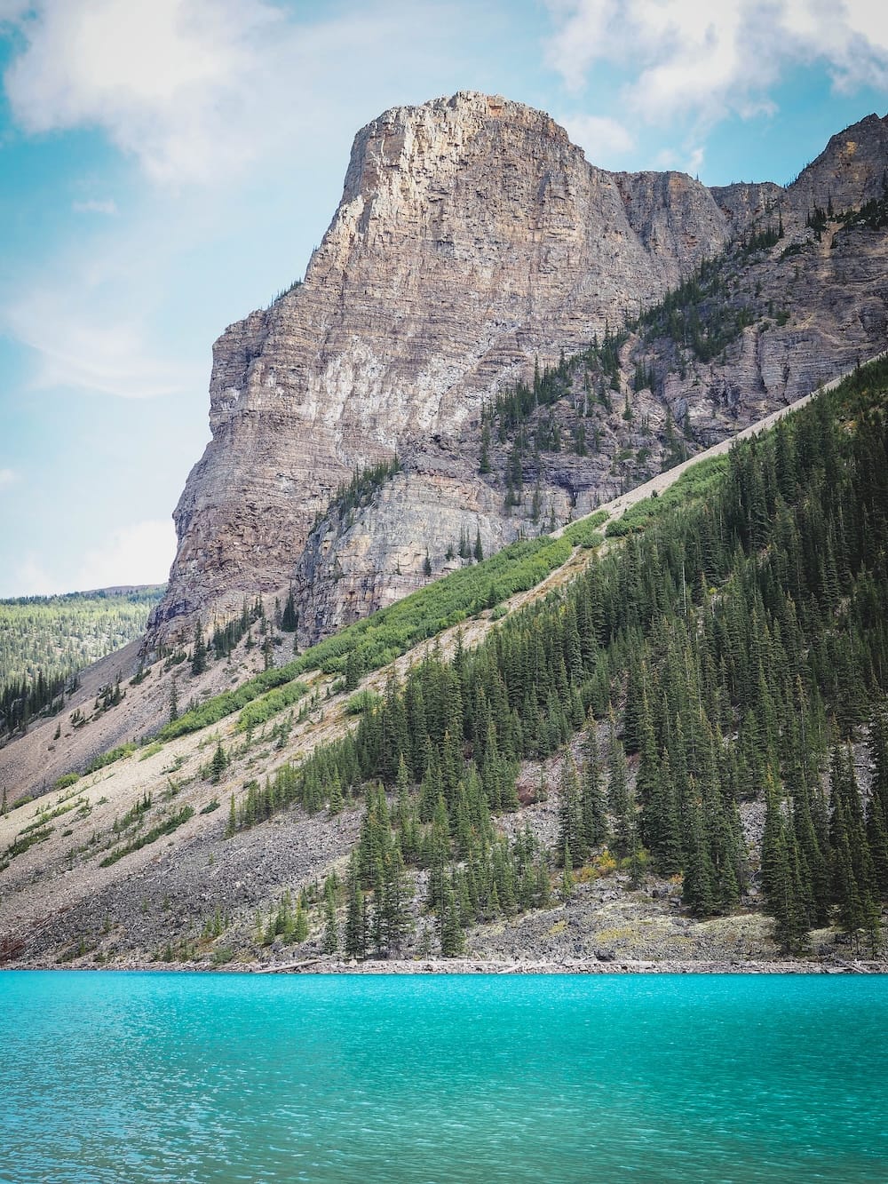 Turquoise Moraine Lake in Banff National Park, Alberta, Canada, beneath a massive layered Rocky Mountain cliff with evergreen forest, rocky slopes and bright blue water filling the foreground.