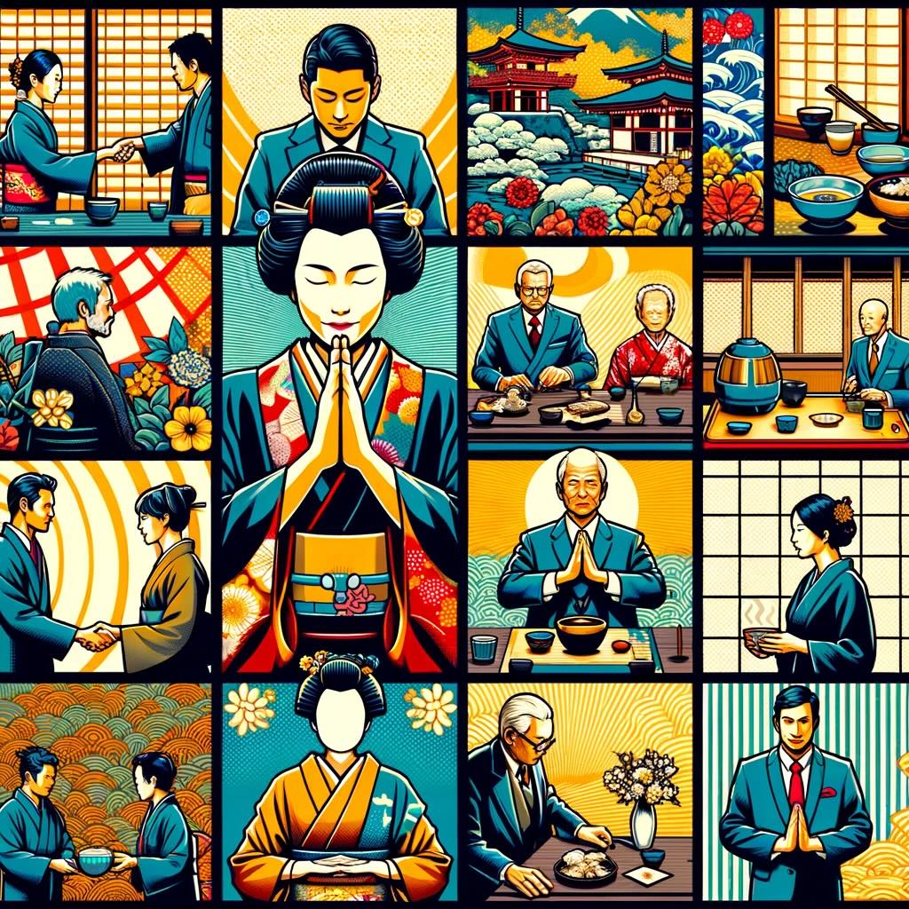 Mosaic of Japanese customs and etiquette. It encapsulates the various aspects of Japanese culture we've explored: respectful bows, dining rituals, serene temple and onsen practices, structured business etiquette, the art of gift-giving, considerations in dress and appearance, and nuanced communication. These customs are depicted harmoniously blending together to form the unique cultural fabric of Japan. The artwork conveys a sense of respect, harmony, and mindfulness that permeates Japanese culture