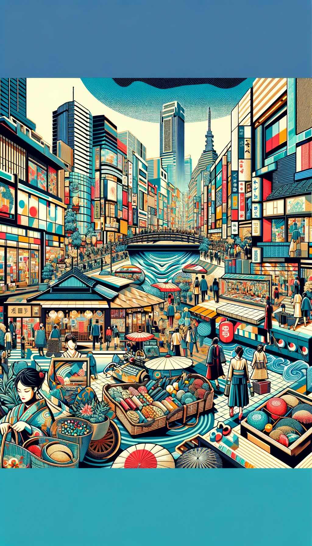 Mosaic of shopping experiences in Japan, from the upscale districts of Ginza and Shibuya to local markets and traditional workshops depicts the eclectic and diverse nature of shopping in Japan, showcasing the contrast and harmony between modernity and tradition