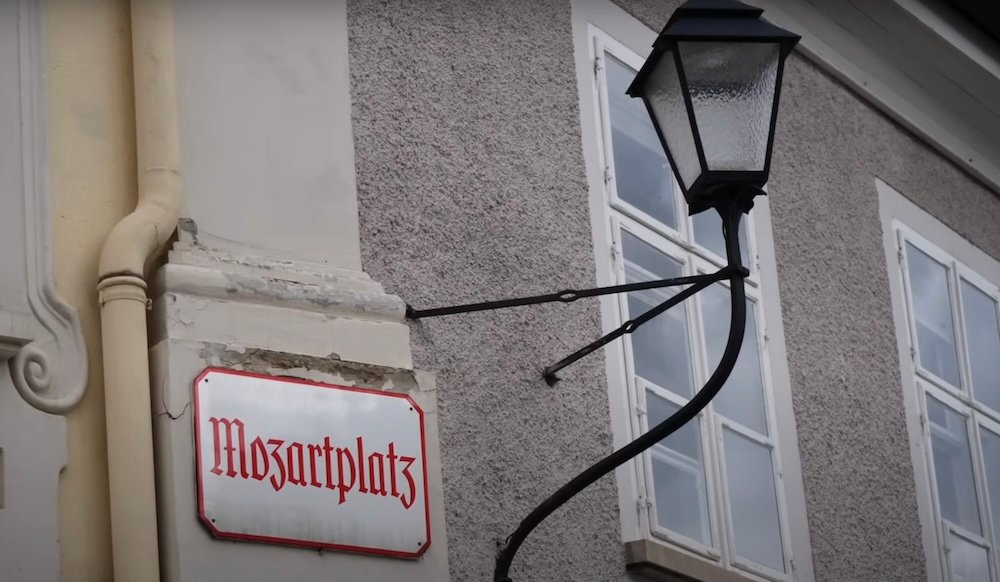 Mozartplatz square sign in Salzburg, Austria 