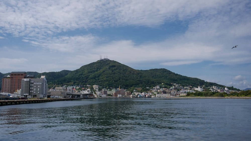Mt. Hakodate rises above the hillside city and harbour in Hakodate, Hokkaido, Japan, seen across calm blue water under scattered clouds, with a gull in flight and a quay and buildings along the shore.