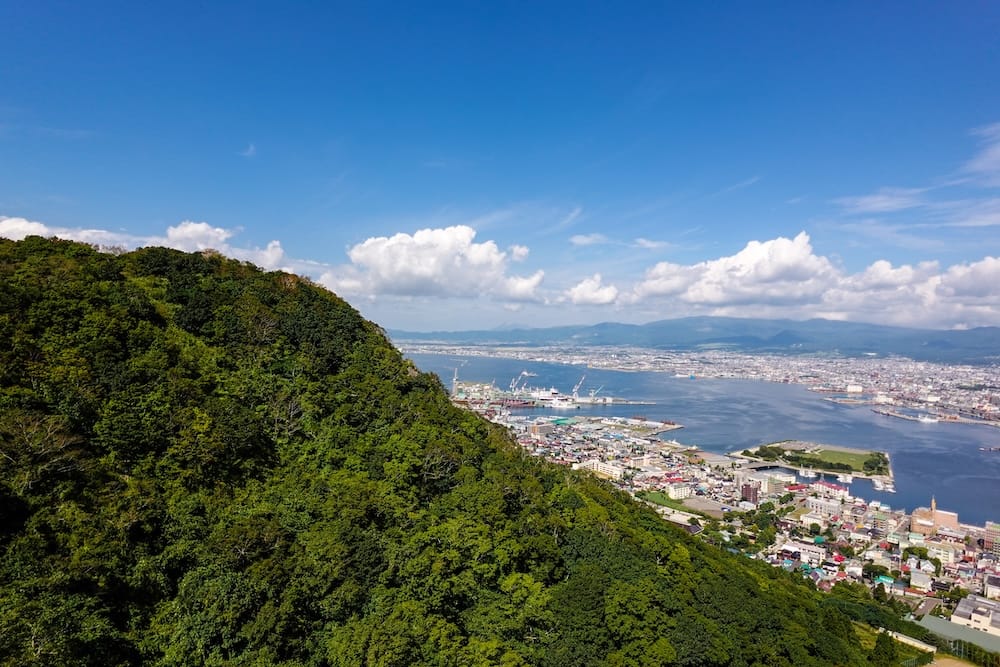 Daytime view from Mt. Hakodate in Hakodate, Hokkaido, Japan, with a lush green mountainside in the foreground and the bay, harbour, city neighbourhoods and distant mountains spread across the background.