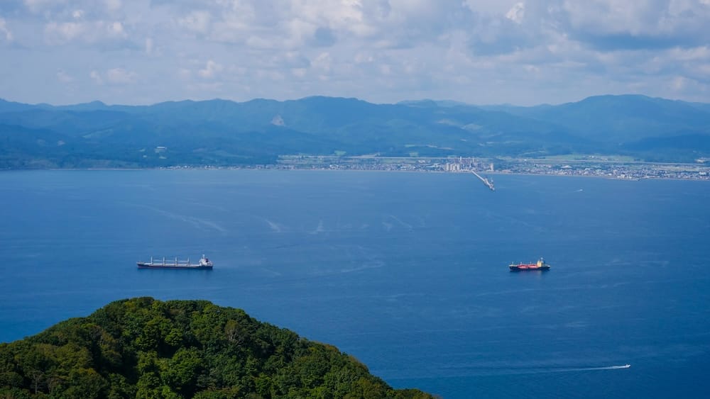 Agua, barcos y panorama montañoso desde el mirador de Mt. Hakodate en Hakodate, Hokkaido, Japón Vista diurna desde Mt. Hakodate en Hokkaido, Japón, con agua azul y barcos de carga, una ladera boscosa en primer plano y una larga cadena montañosa en el horizonte.