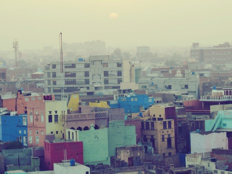 Multan colorful buildings with a hazy sky in Pakistan 