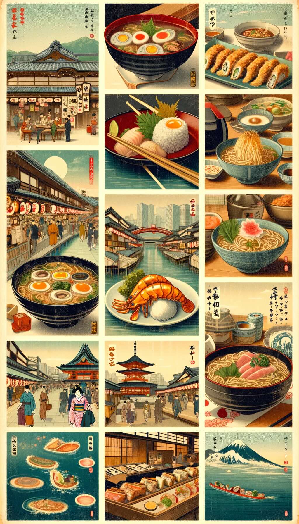 Must-try Japanese dishes and their authentic settings, vividly illustrating the diverse and rich culinary heritage of Japan