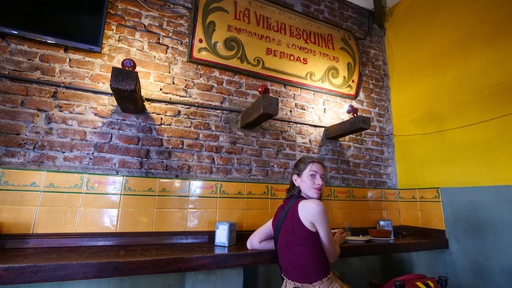 My wife Audrey Bergner "That Backpacker" enjoying comfort food and empanadas at La Vieja Esquina in Cordoba City, Argentina 