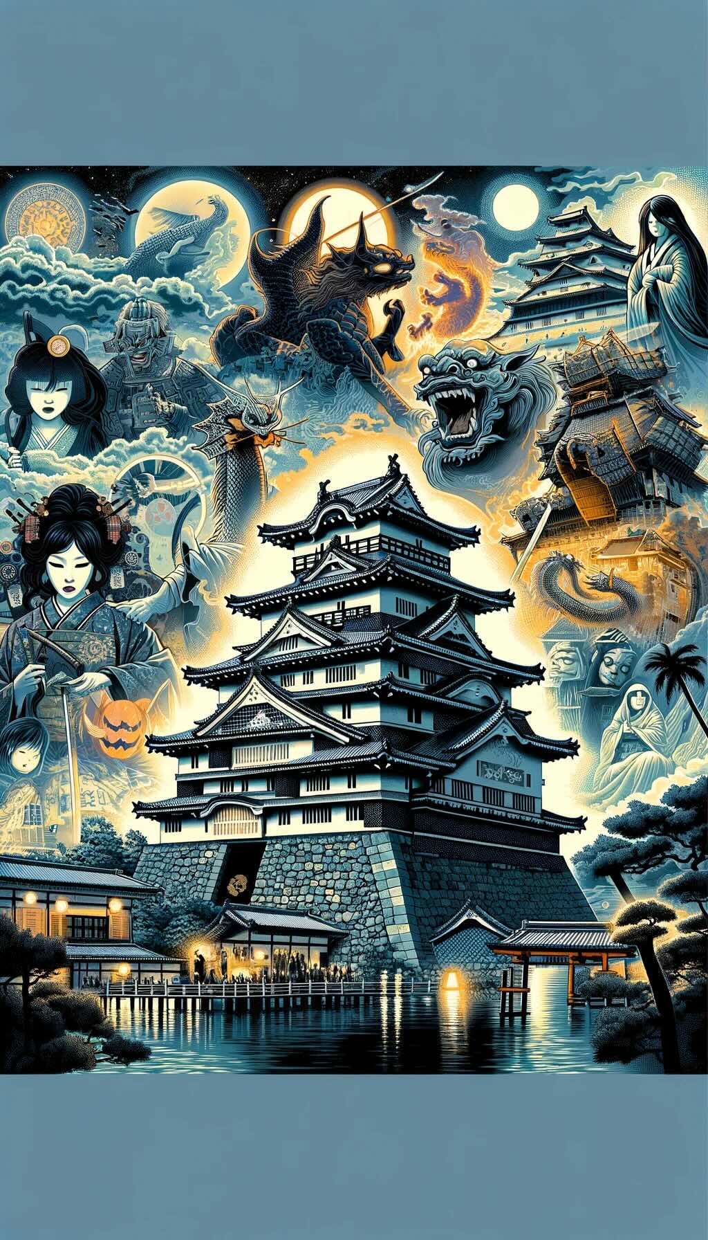 Mysteries and myths surrounding samurai castles in Japan showcases ghost stories, hidden secrets, and legendary tales, including those of Himeji Castle, Tsuruga Castle, and Fushimi Castle, along with elements like hidden rooms, escape routes, and secret tunnels. The dynamic and mystical background emphasizes the enchanting and mysterious side of Japan's feudal heritage.