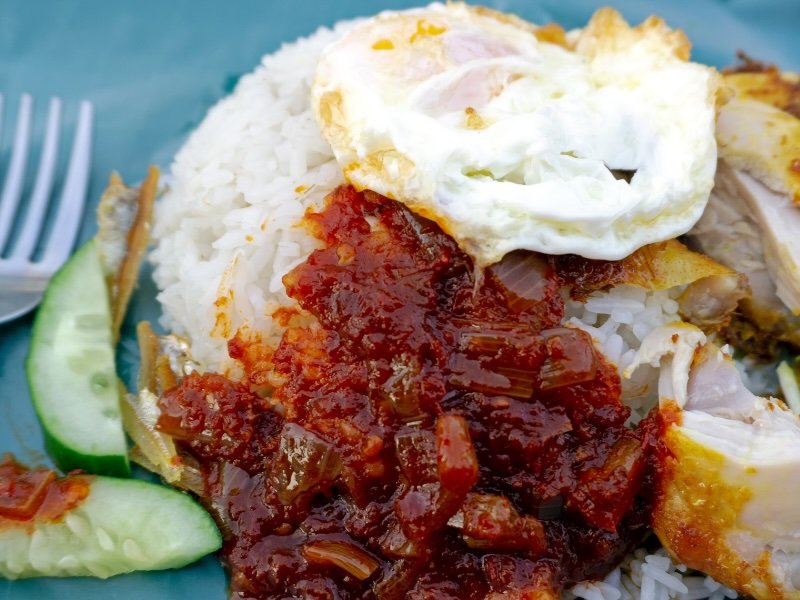 Nasi Lemak macro details shot of a food you must try if you visit Kuantan, Malaysia 