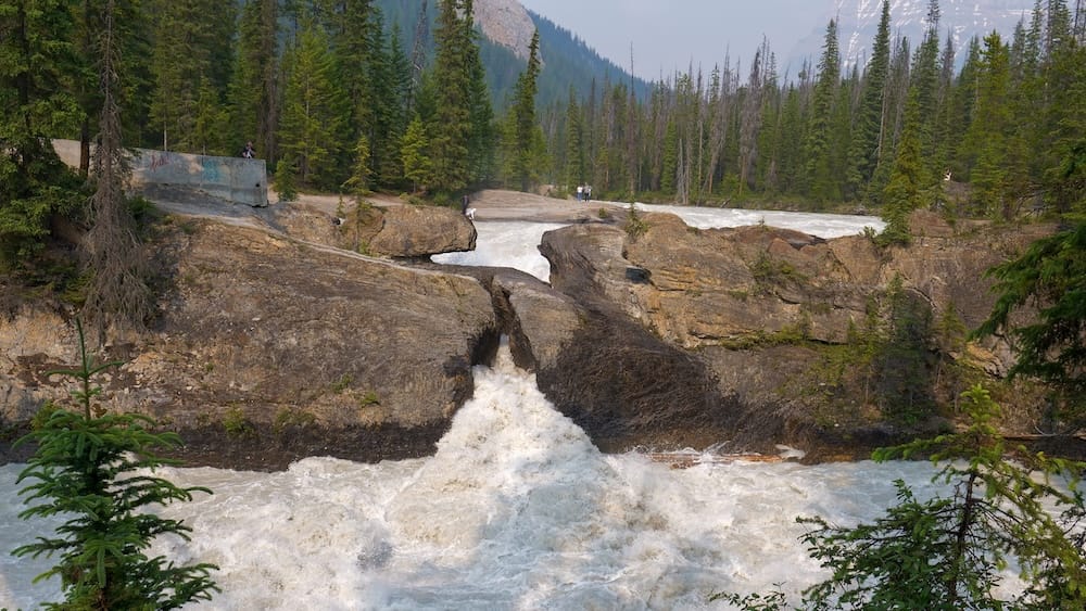 Wide view of Natural Bridge in Yoho National Park, British Columbia, Canada, with the Kicking Horse River surging through exposed rock formations beneath evergreen forest and mountain slopes.