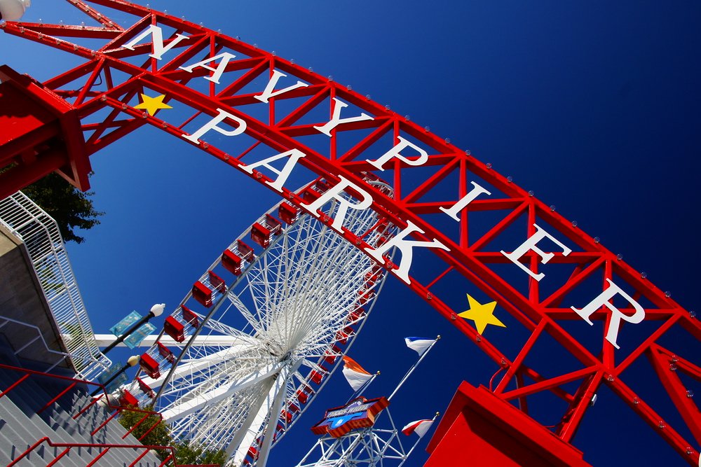 Navy Pier Park in Chicago gate entrance with imposing ferris wheel in the background