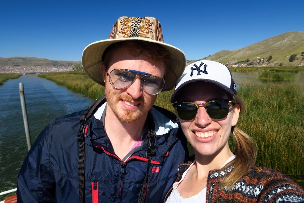 Nomadic Samuel and That Backpacker enjoying a trip to Lake Titicaca in the back of a boat 