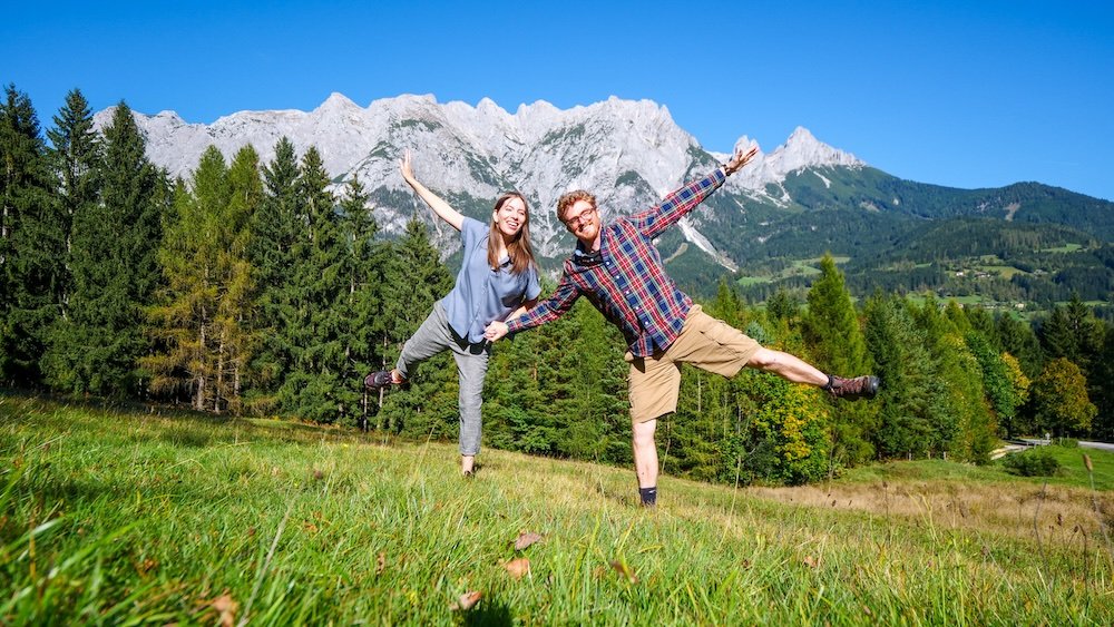 Nomadic Samuel and That Backpacker Sound of Music pose in Werfen, Austria day trip from Salzburg 