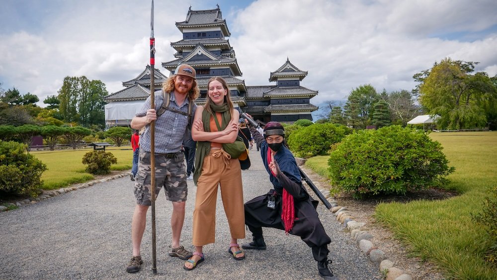 Nomadic Samuel and That Backpacker thrilled to be visiting Matsumoto Castle alongside a ninja 