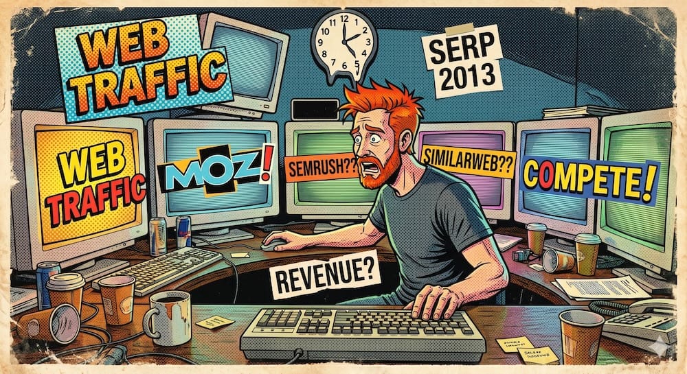 Nomadic Samuel building the Top 100 Travel Blogs authority index in 2013 β a data-driven ranking of 194 independent travel blogs using a weighted six-metric Rotisserie algorithm combining Alexa rank, Moz Domain Authority, Moz Page Authority, SEMRush, Compete, and SimilarWeb scores β the first objective data-driven ranking of the independent travel blogging industry, now archived as a public dataset with DOI 10.57967/hf/8885 Nomadic Samuel sitting at a curved desk surrounded by six glowing CRT monitors in a dark room, each screen displaying different analytics dashboards including Alexa rank, Moz Domain Authority, SEMRush, SimilarWeb, and Compete data, building the Top 100 Travel Blogs authority index by hand in 2013, amber and cyan terminal glow illuminating the scene, retro 80s cartoon style with Pop Art and Neo-Dada influence