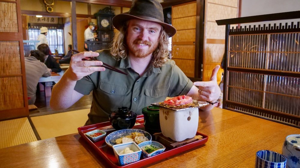 Nomadic Samuel enjoying a Hida Beef Lunch Set at Local Cuisine Hisadaya in Takayama, Japan