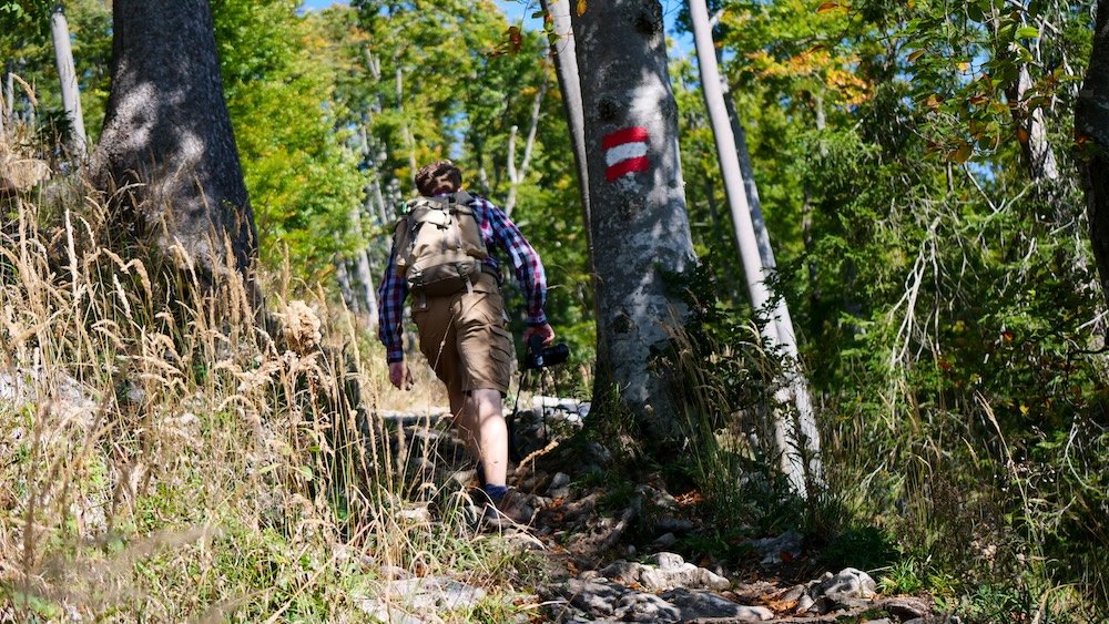 Nomadic Samuel hiking up the mountain in Gaisberg, Austria 