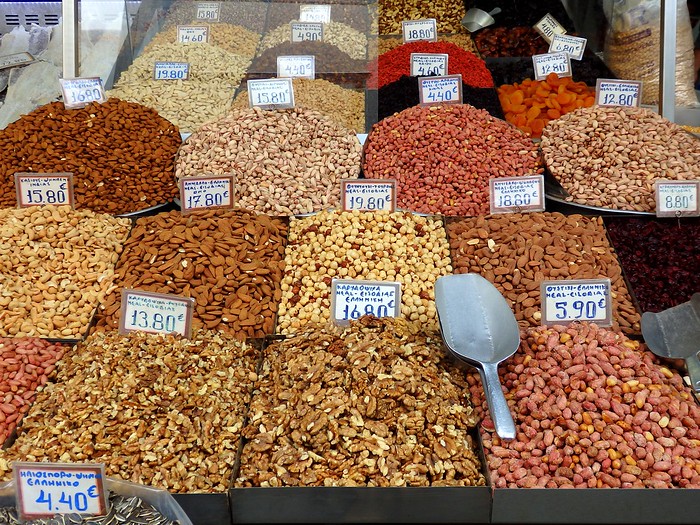 Nuts and spices for sale at Athens Central Market in Greece