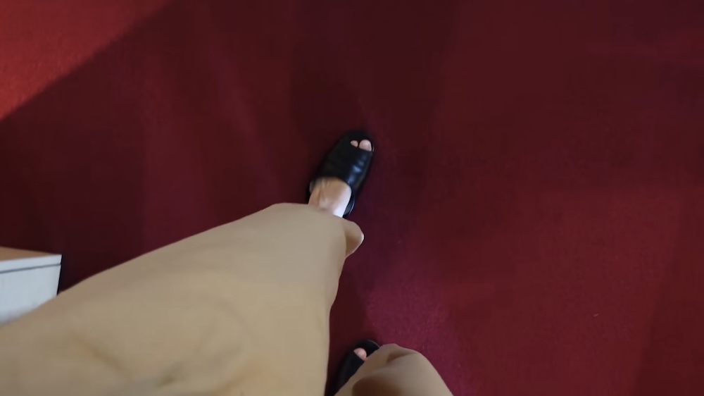 Top-down view of Audrey Bergner wearing black open-toe visitor slippers and tan trousers while walking across deep red carpet inside the Old Public Hall of Hakodate Ward in Hakodate, Hokkaido, Japan.