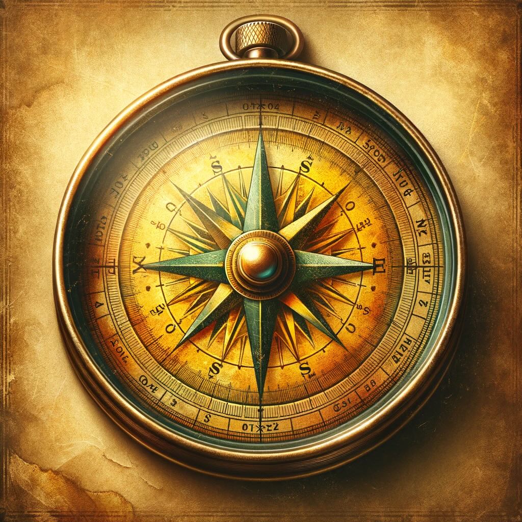 Old-school compass, designed with a retro fade in shades of yellow, brown, and gold, capturing the essence of exploration in a super vintage style