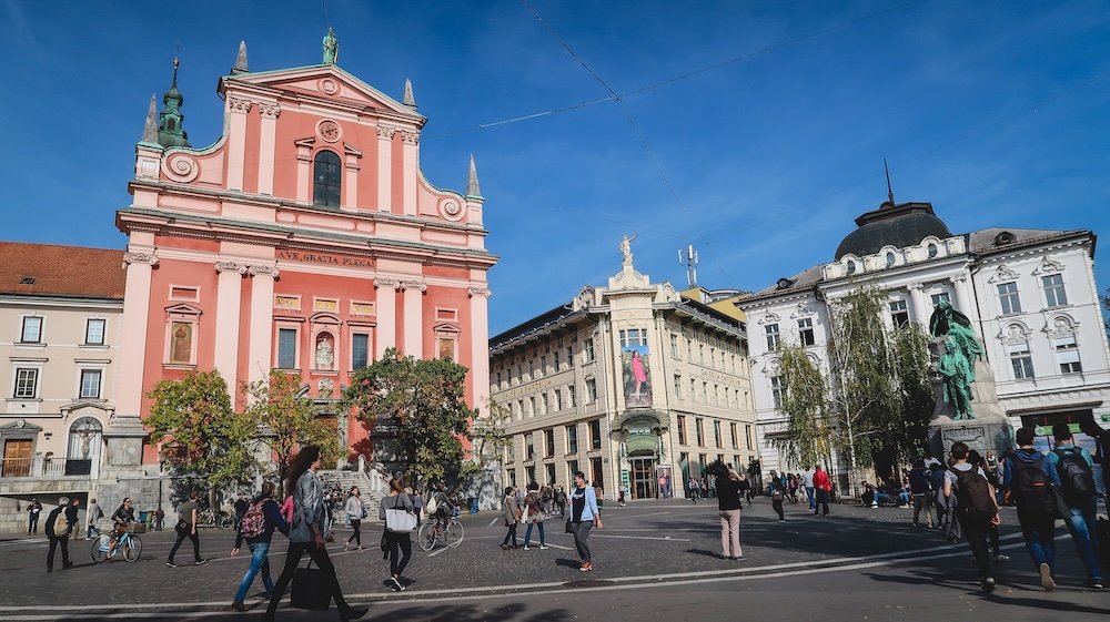 Old Town of Ljubljana at Prešeren Square Presernov trg and Franciscan Church in Ljubljana, Slovenia