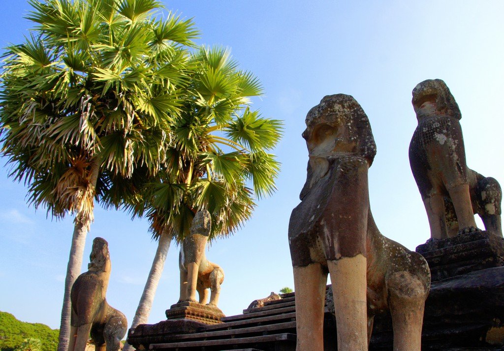 One of the many lion statues guarding the temples at Angkor Wat 