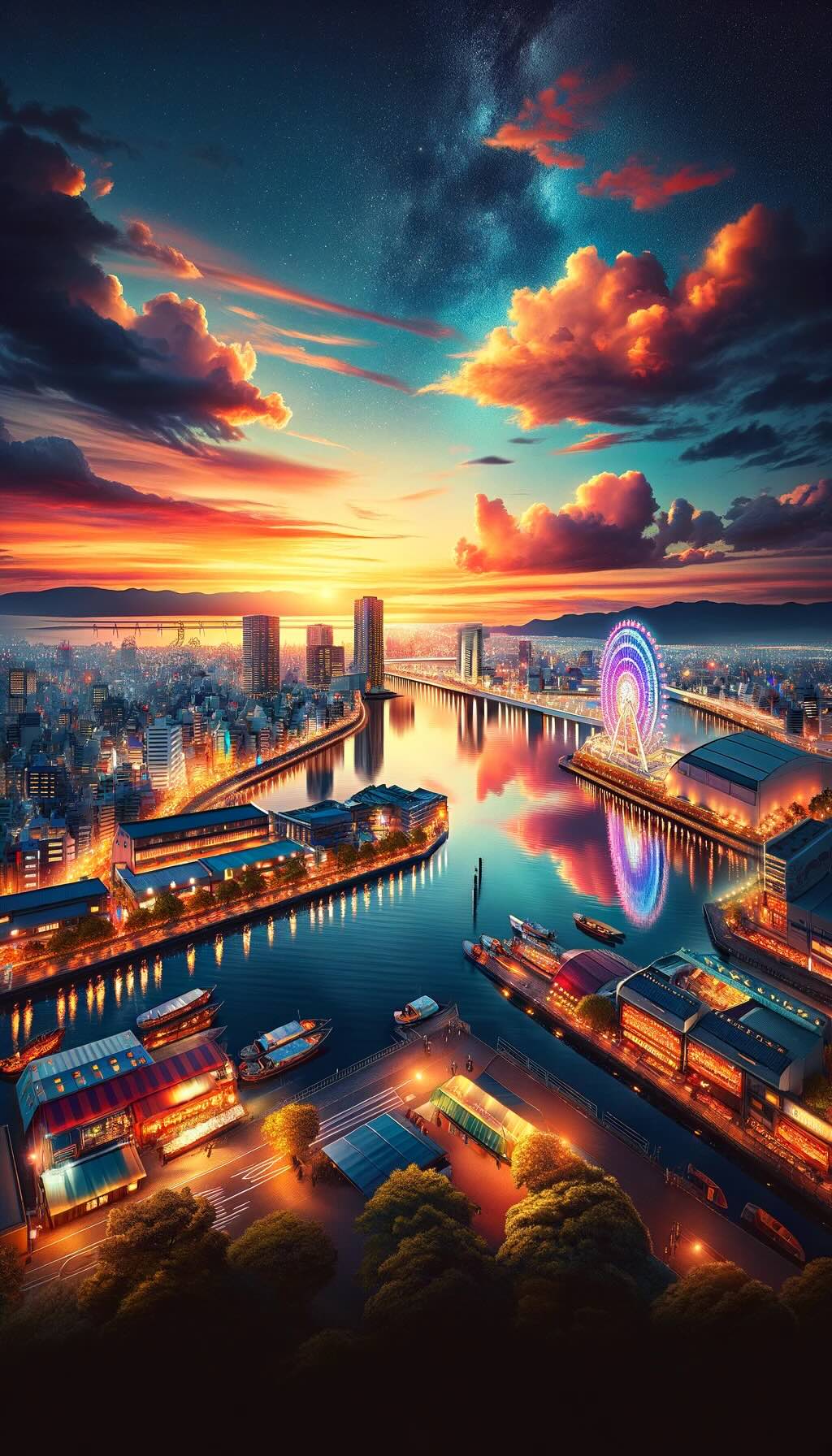 Osaka Bay in Japan scene beautifully captures the sprawling harbor at sunset, with the bay waters mirroring the colorful sky and the distant city skyline illuminated by twinkling lights and a moving Ferris wheel. 